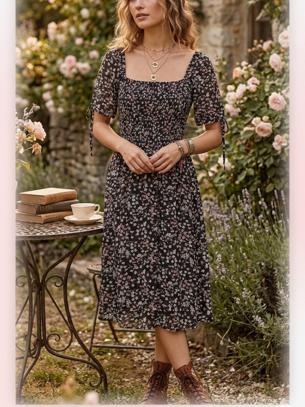 Siren Lily Black Floral Square-Neck Midi Dress with Pink & White Blossoms